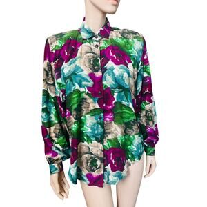 Vintage 70s Donna Floral Blouse Made in Italy Long Sleeves Button Closure Sz M